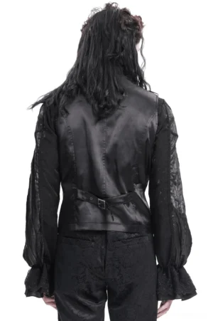 Black embroidered gothic waistcoat back view showing adjustable waist buckle and flocked sleeve panels on male model