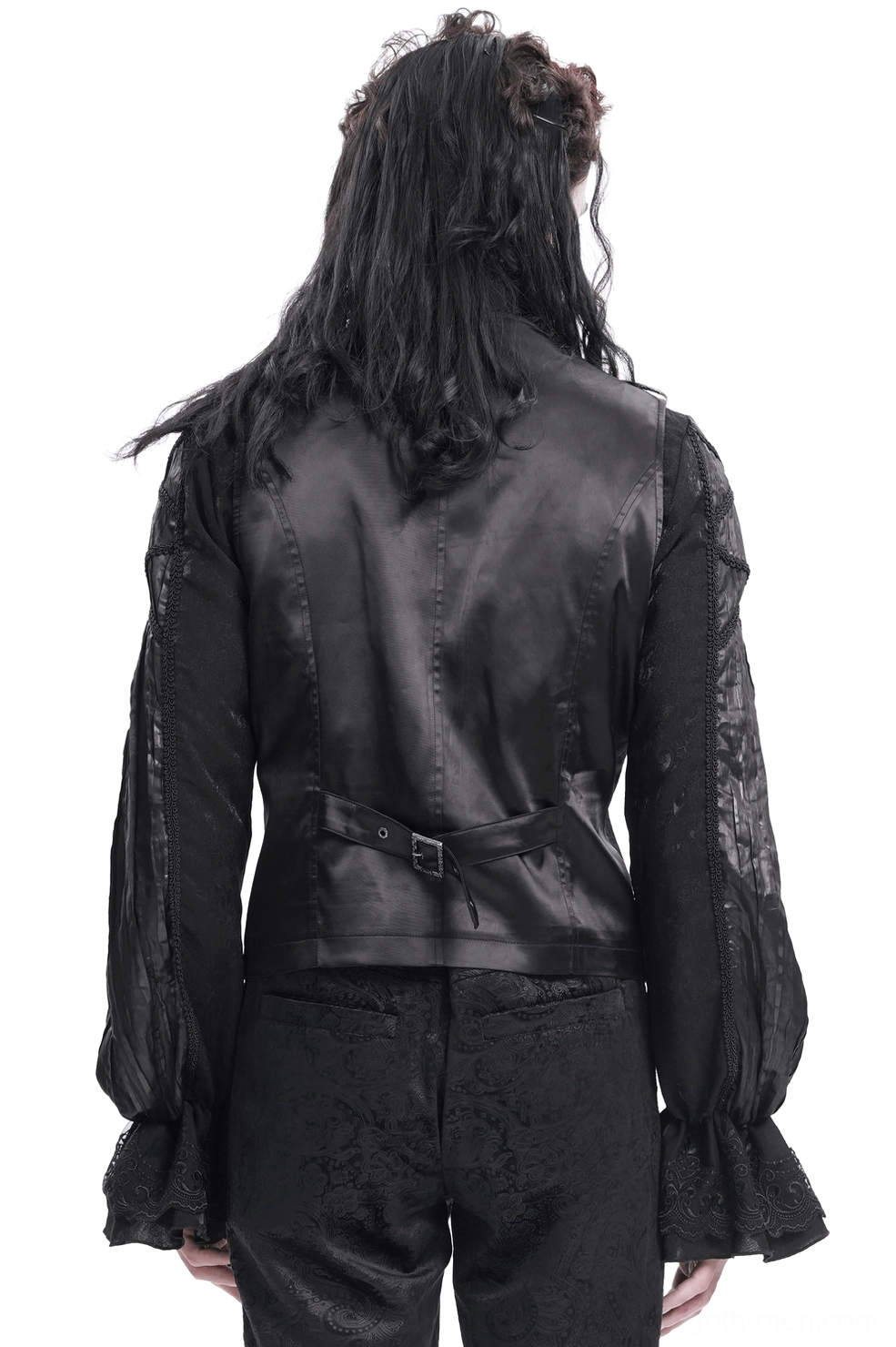 Black embroidered gothic waistcoat back view showing adjustable waist buckle and flocked sleeve panels on male model