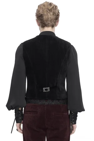 Black gothic velvet waistcoat back view showing adjustable buckle and tailored corduroy fabric