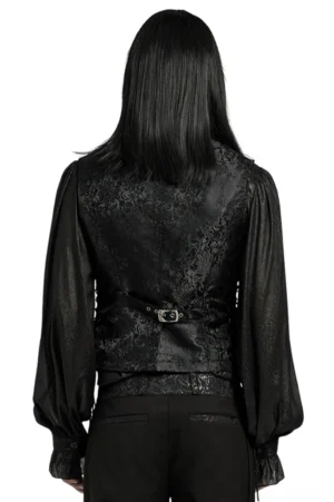 Gothic men's waistcoat rear view showing decorative metal back buckle adjuster, side lacing details, and floral jacquard pattern