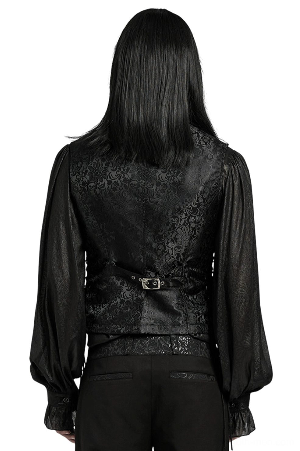 Gothic men's waistcoat rear view showing decorative metal back buckle adjuster, side lacing details, and floral jacquard pattern