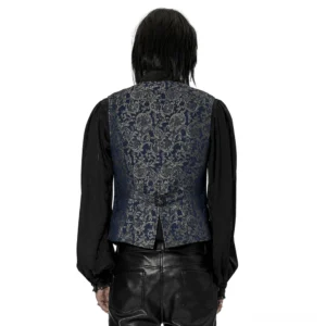 Gothic navy waistcoat back view showing adjustable buckle and split hem on dark model