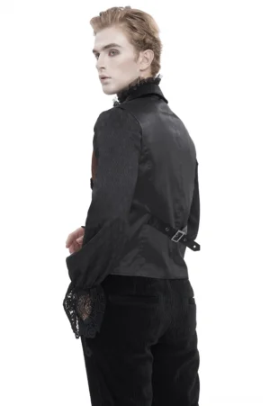 Gothic embroidered waistcoat rear side view with adjustable back buckle strap and formal velvet styling