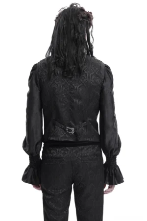 Back view of black gothic waistcoat with adjustable buckle strap and damask jacquard fabric detail on male model