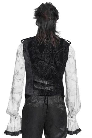 Back view of gothic velvet waistcoat featuring dual adjustable buckle straps and damask patterning on male model