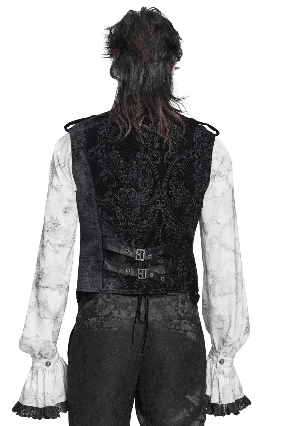 Back view of gothic velvet waistcoat featuring dual adjustable buckle straps and damask patterning on male model