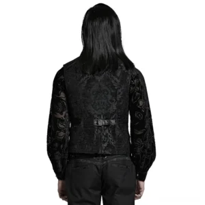 Baroque gothic waistcoat back view showing damask jacquard pattern and rear waist buckle strap