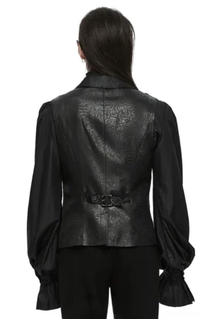 Victorian gothic vest with adjustable back waist buckle and embossed fabric texture - rear full-body view