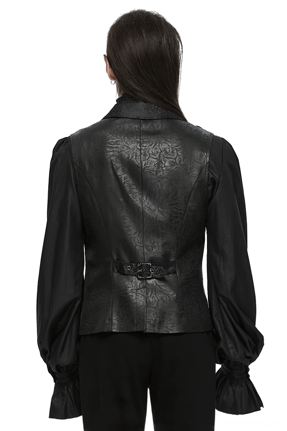 Victorian gothic vest with adjustable back waist buckle and embossed fabric texture - rear full-body view