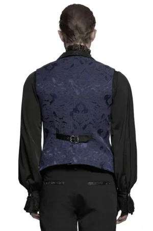 Navy brocade gothic waistcoat rear view showing adjustable leather back belt and asymmetrical bat hem