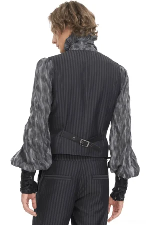 Black gothic waistcoat rear view showing adjustable faux leather back strap and metal eyelets