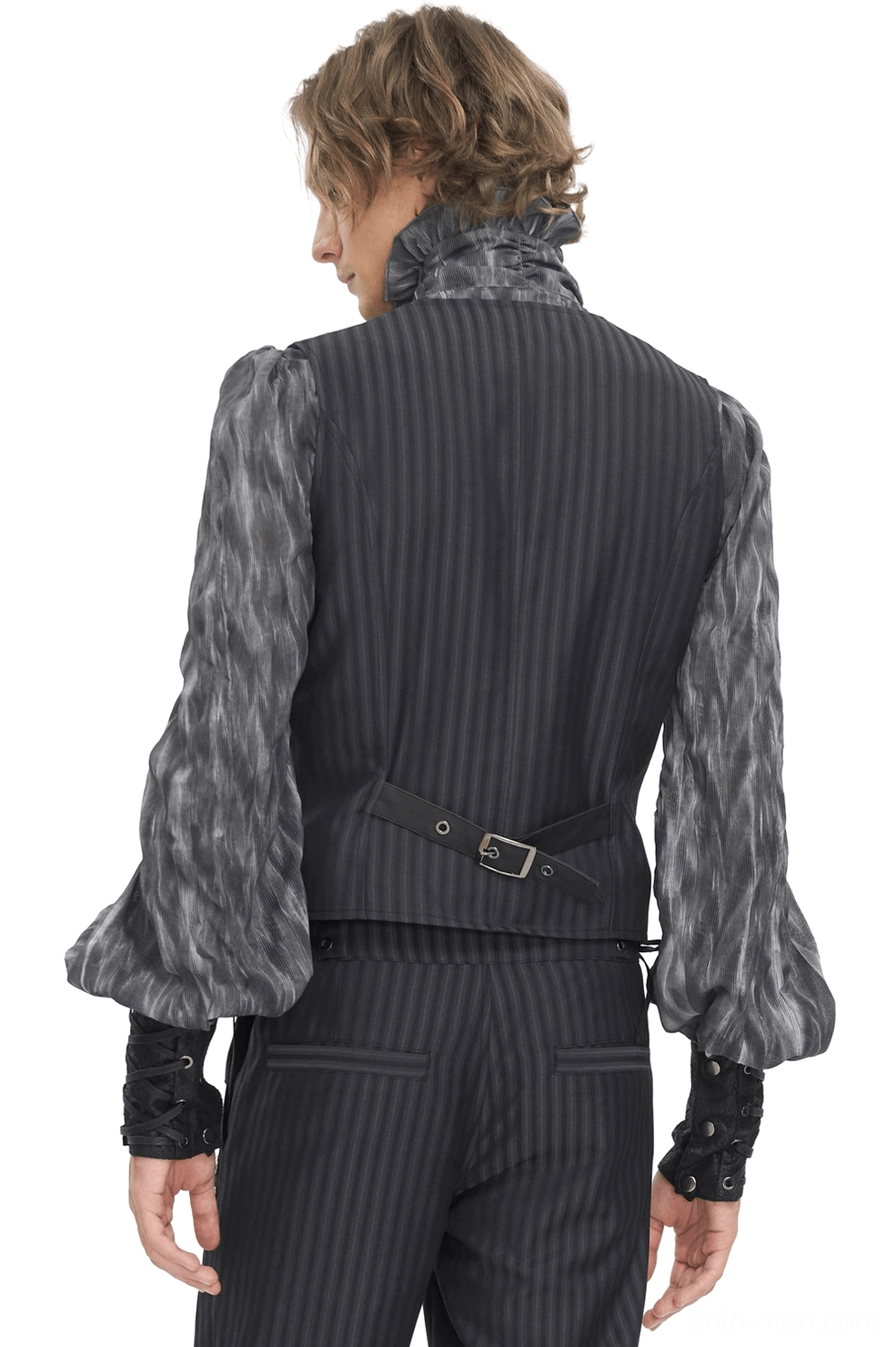 Black gothic waistcoat rear view showing adjustable faux leather back strap and metal eyelets
