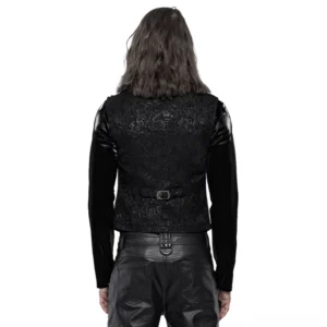 Back view of black jacquard gothic waistcoat with adjustable metal belt buckle