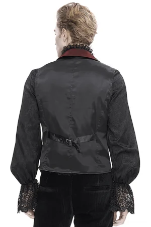 Rear view of men's gothic waistcoat showing black satin lining, adjustable waist buckle, and tailored back construction