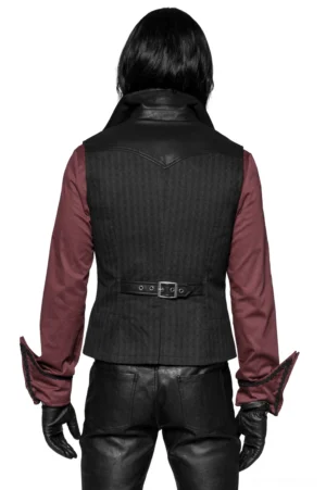 Black gothic waistcoat back view on male model showing adjustable back waist belt steampunk design