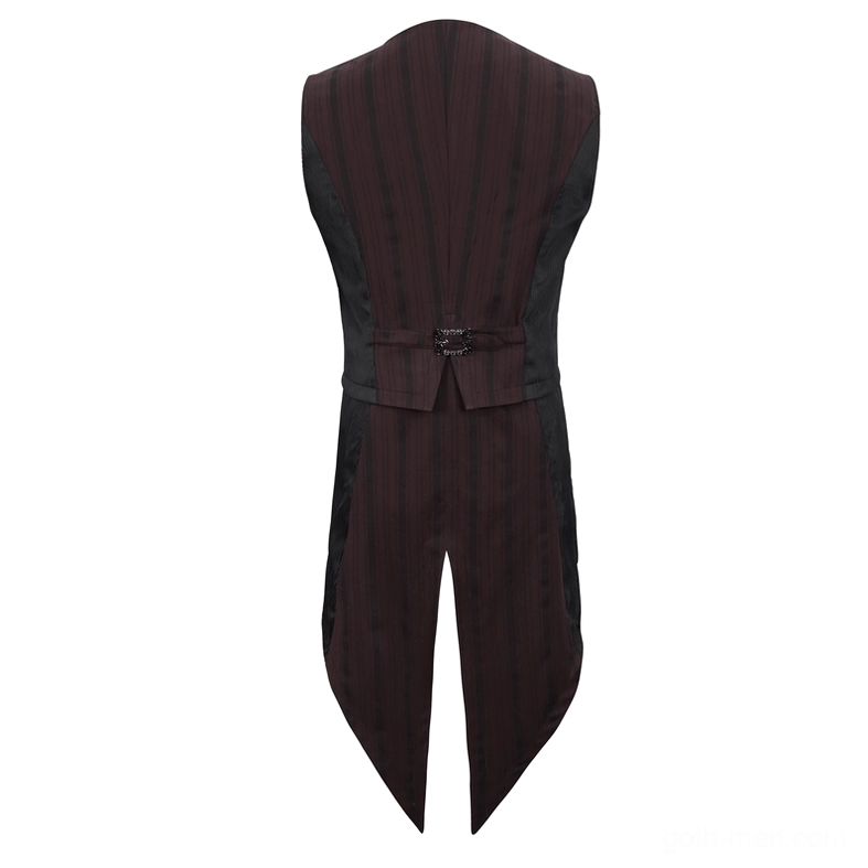 Rear view of wine red and black striped gothic waistcoat showing adjustable waist buckle and split tail hem design