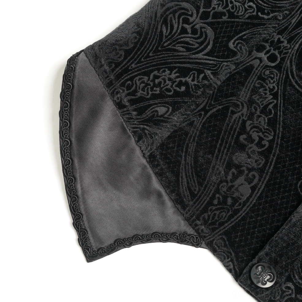 Detail of black gothic waistcoat back buckled straps and lower waist adjustment mechanism for fitted silhouette