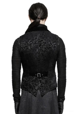 Black baroque gothic waistcoat rear view on model, featuring adjustable curved back belt buckle with split hem and intricate jacquard texture