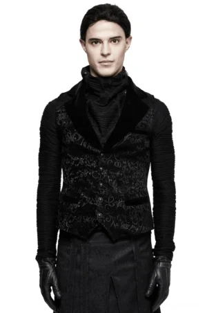 Black baroque jacquard gothic waistcoat front view on male model, showing intricate swirling pattern and velvet lapel details with adjustable back buckle system
