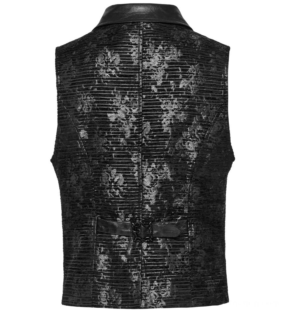 Back view flat lay of gothic waistcoat showing floral jacquard pattern, leather collar trim, and ornate metal buckle strap