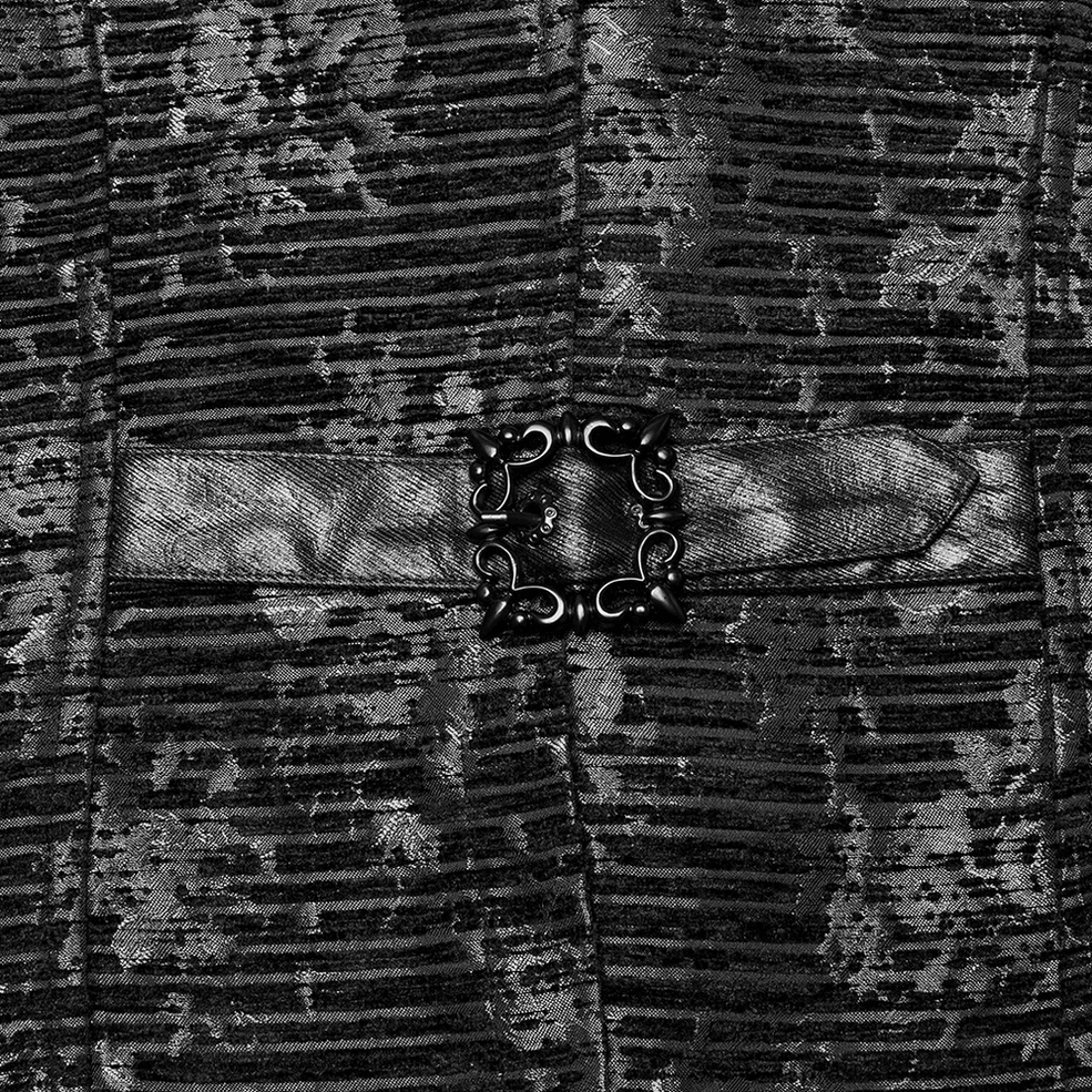 Close-up of gothic waistcoat back strap and ornate black metal buckle detail for adjustable fit