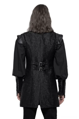 Black jacquard gothic waistcoat rear view displaying adjustable back buckles and three-dimensional woven texture