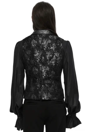 Rear view of gothic black jacquard waistcoat showing floral back design, leather armhole trim, and adjustable buckle strap