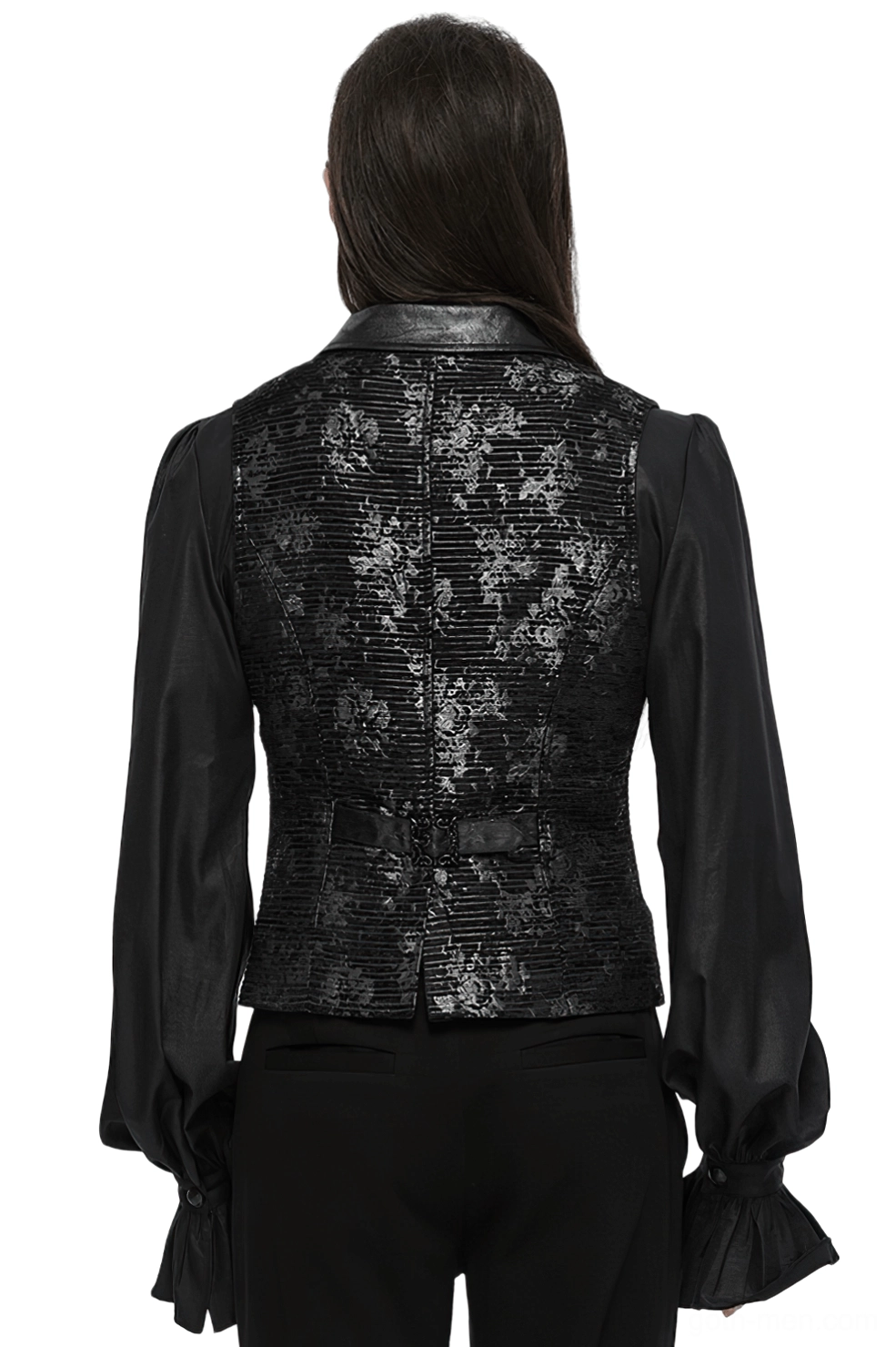 Rear view of gothic black jacquard waistcoat showing floral back design, leather armhole trim, and adjustable buckle strap