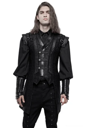 Black jacquard gothic waistcoat with buckle straps worn by male model, front view showing fitted silhouette and metal accents