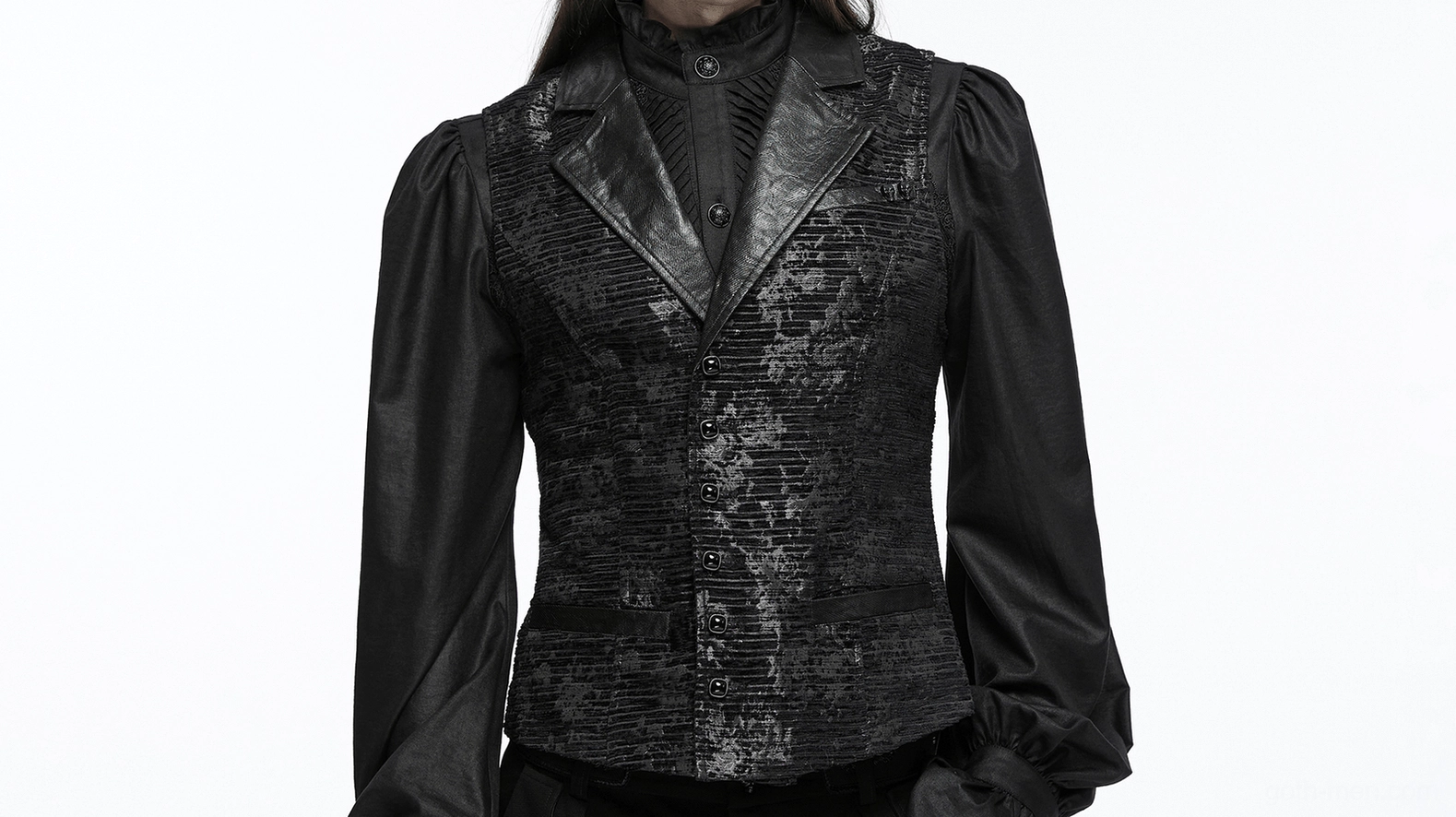 Close-up of gothic waistcoat chest area showing button closure system, jacquard fabric quality, and leather lapel trim