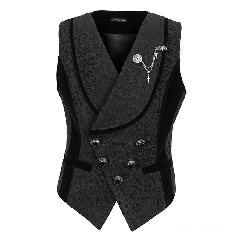 Black jacquard waistcoat front close-up showing texture, velvet trim, double-breasted metal buttons, and cross brooch accent
