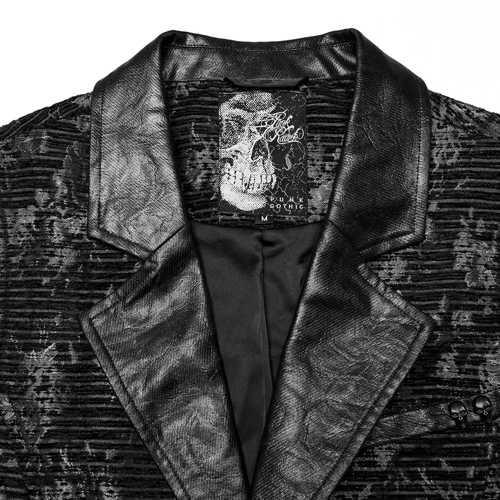 Close-up detail of gothic waistcoat collar showing leather notched lapels, skull branded inner label, and black jacquard fabric