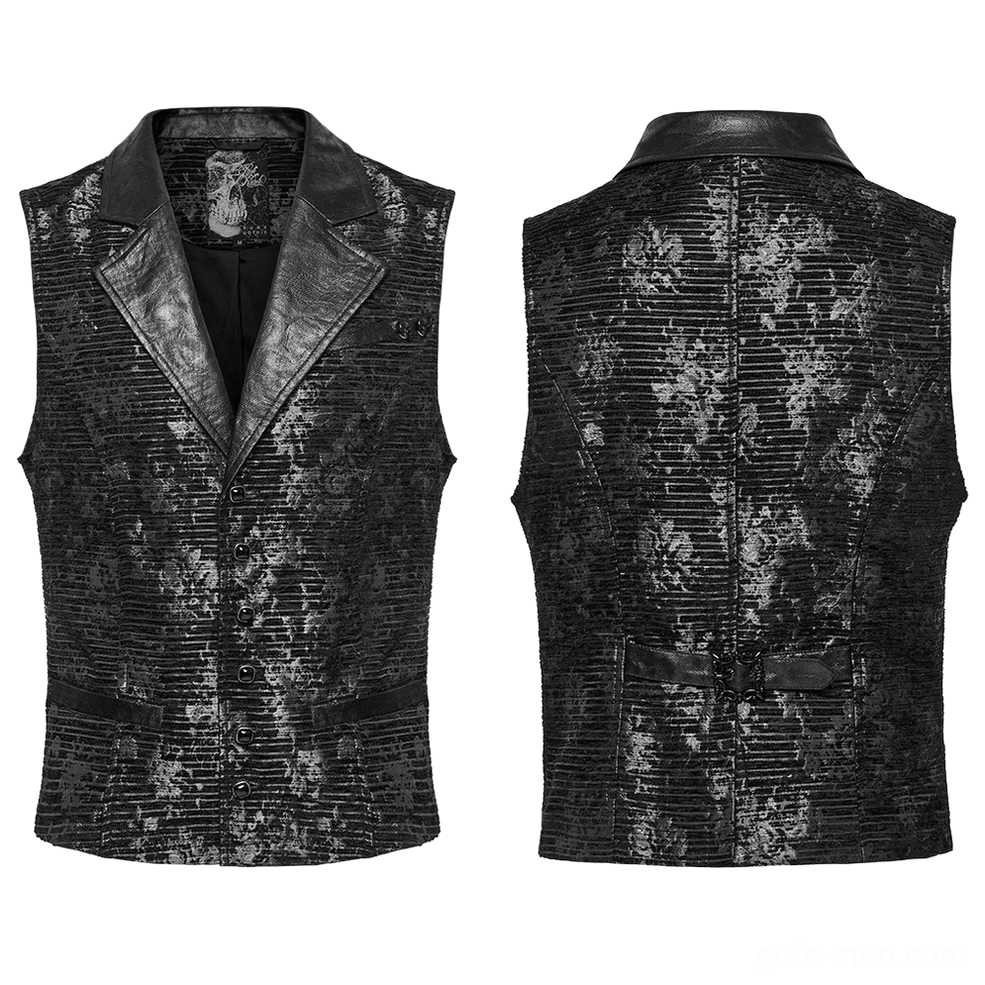 Front and back flat lay display of black jacquard gothic waistcoat with leather notched lapels and striped floral texture