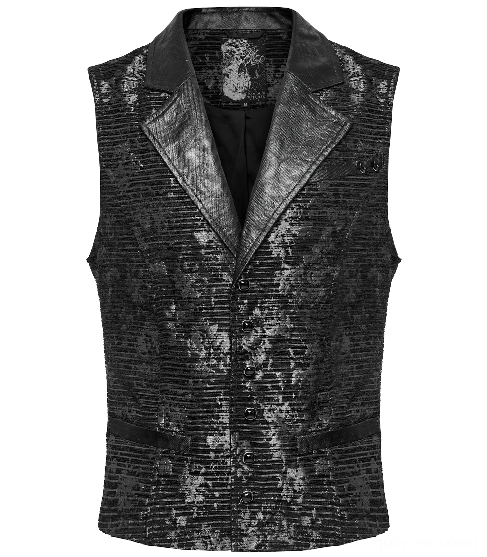 Front view flat lay of gothic waistcoat showing button closure, leather lapels, and woven jacquard fabric details