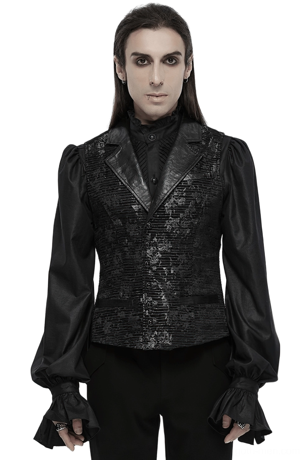 Black jacquard gothic waistcoat with gemstone buckle worn by male model in full-body front view, featuring ruffled cuffs and leather lapels