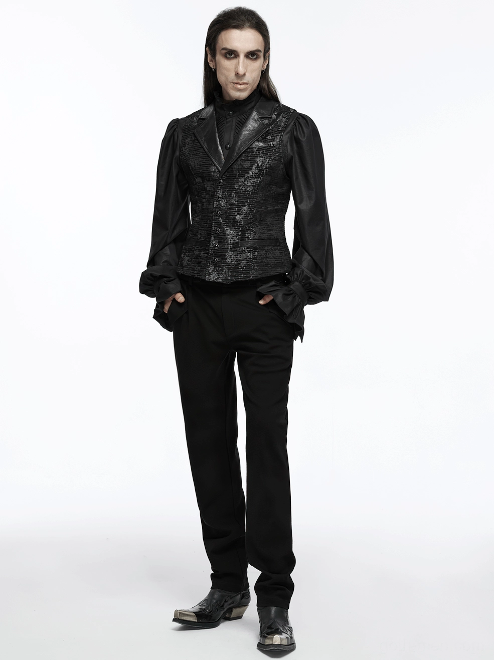 Full-length alternative styled shot demonstrating gothic waistcoat versatility with platform boots and gothic accessories