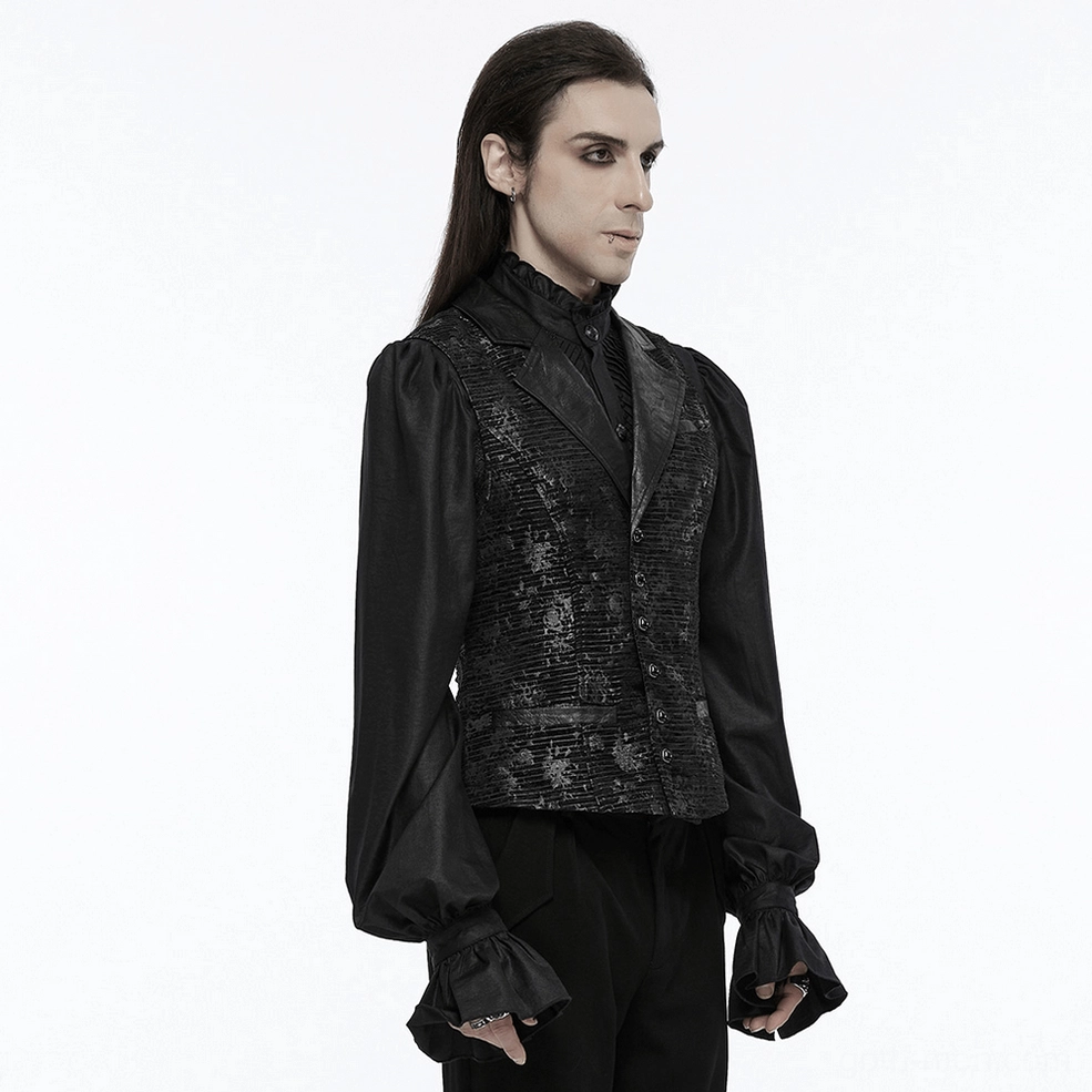 Alternative angle of gothic black jacquard waistcoat showing pocket design, leather accents, and overall silhouette