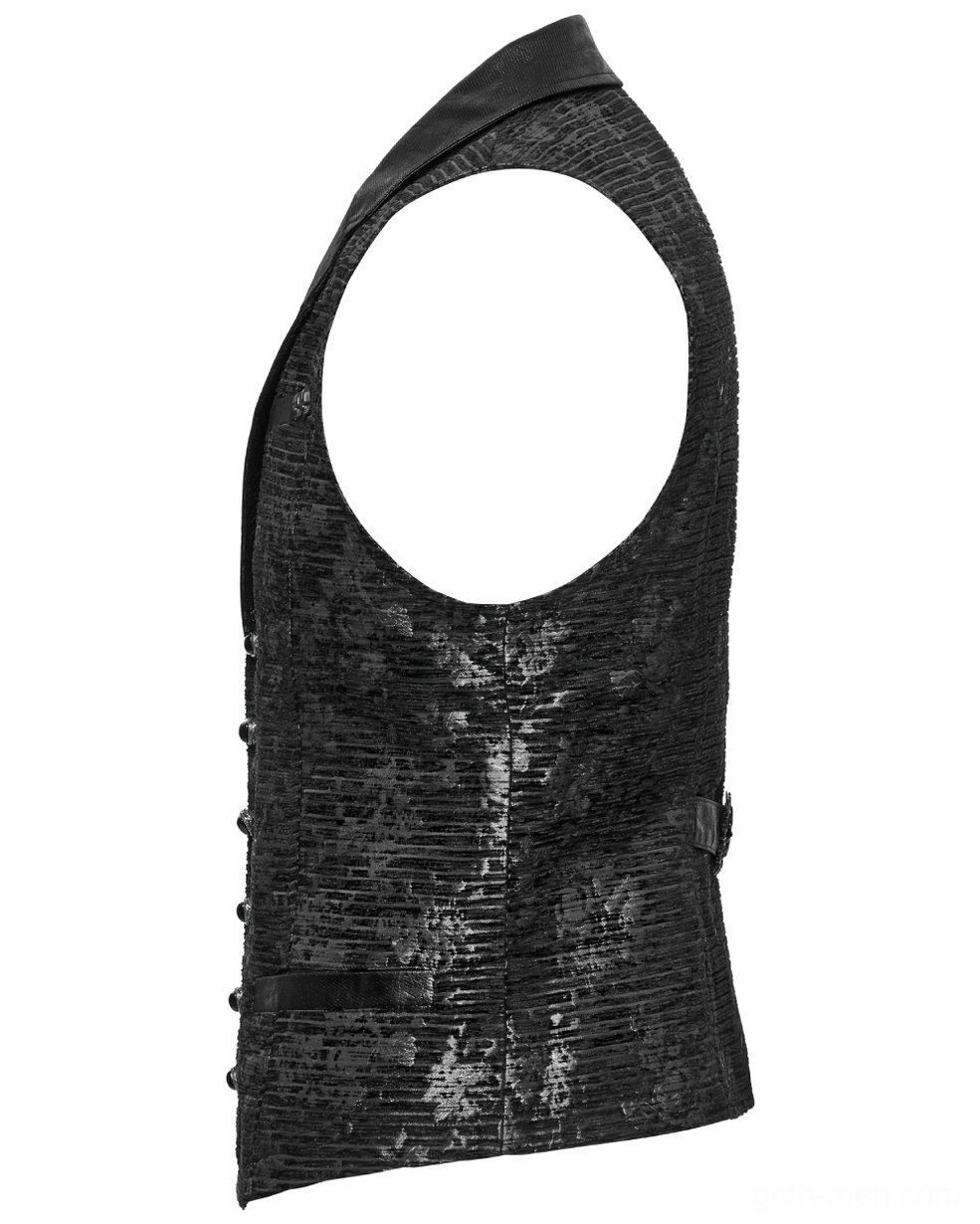 Side view flat lay of black gothic waistcoat displaying sleeveless cut, side button fasteners, and jacquard texture