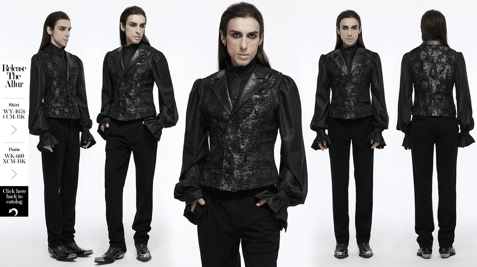 Size and fit reference image of gothic waistcoat worn by male model showing tailored silhouette and proportions