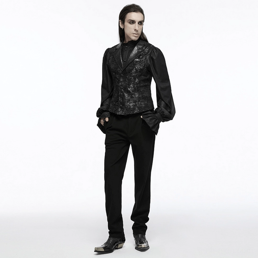 Upper body view of gothic waistcoat showing leather lapel construction, fabric quality, and gemstone buckle placement