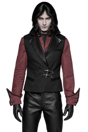 Black striped PU leather buckle waistcoat for men front view worn on model gothic steampunk style