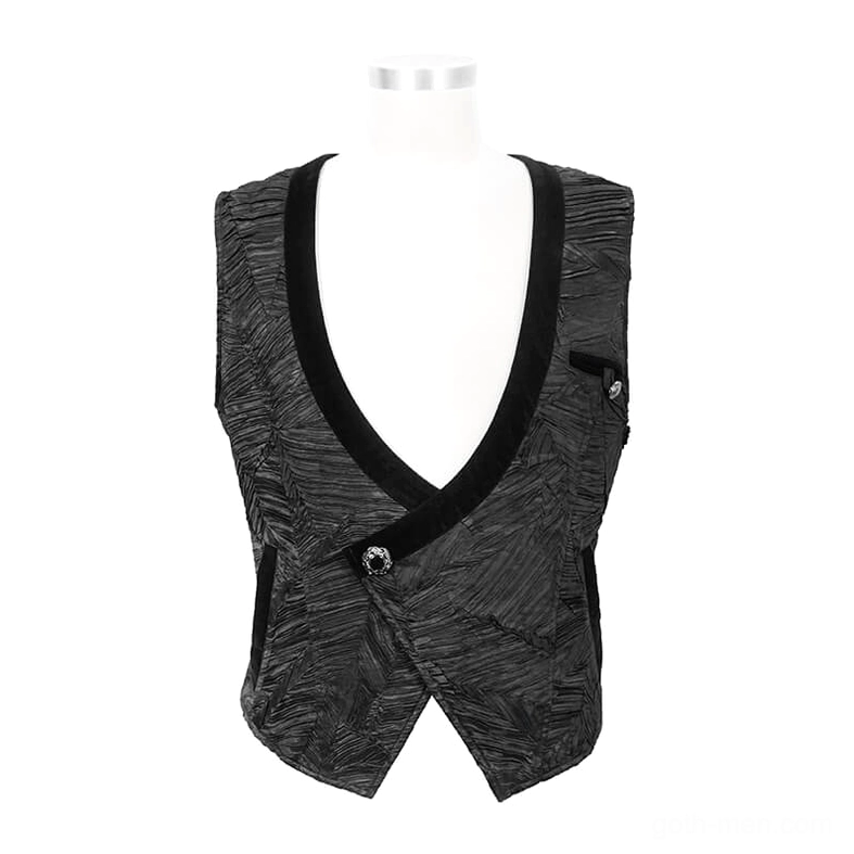 Gothic black waistcoat on display mannequin front view with deep V-neck and decorative velvet trim