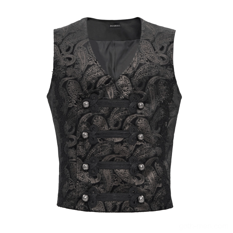 Black paisley gothic waistcoat flat lay front view with double row metal dome buttons and frog closures