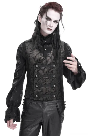 Men's black paisley gothic waistcoat with silver frog buttons and ruffled cuffs, front three-quarter view on male model