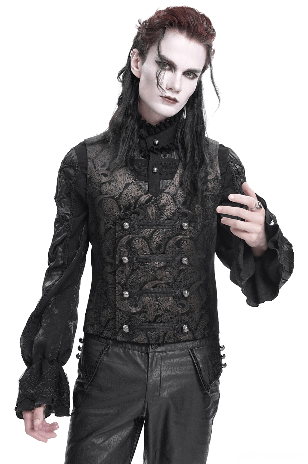 Men's black paisley gothic waistcoat with silver frog buttons and ruffled cuffs, front three-quarter view on male model