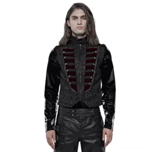 Black and red jacquard velvet gothic waistcoat front view on male model with long hair