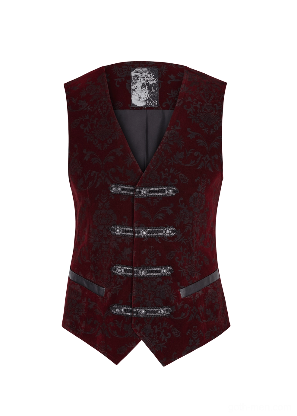 Gothic velveteen waistcoat front flat lay detail showing four braided toggle closures and metal snap buttons