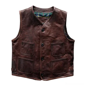 Distressed brown leather gothic waistcoat flat lay front view, displaying four functional patch pockets and metal fasteners