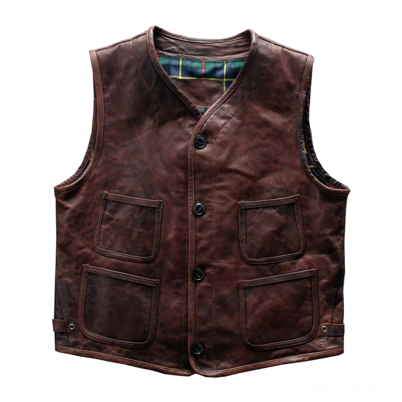 Distressed brown leather gothic waistcoat flat lay front view, displaying four functional patch pockets and metal fasteners