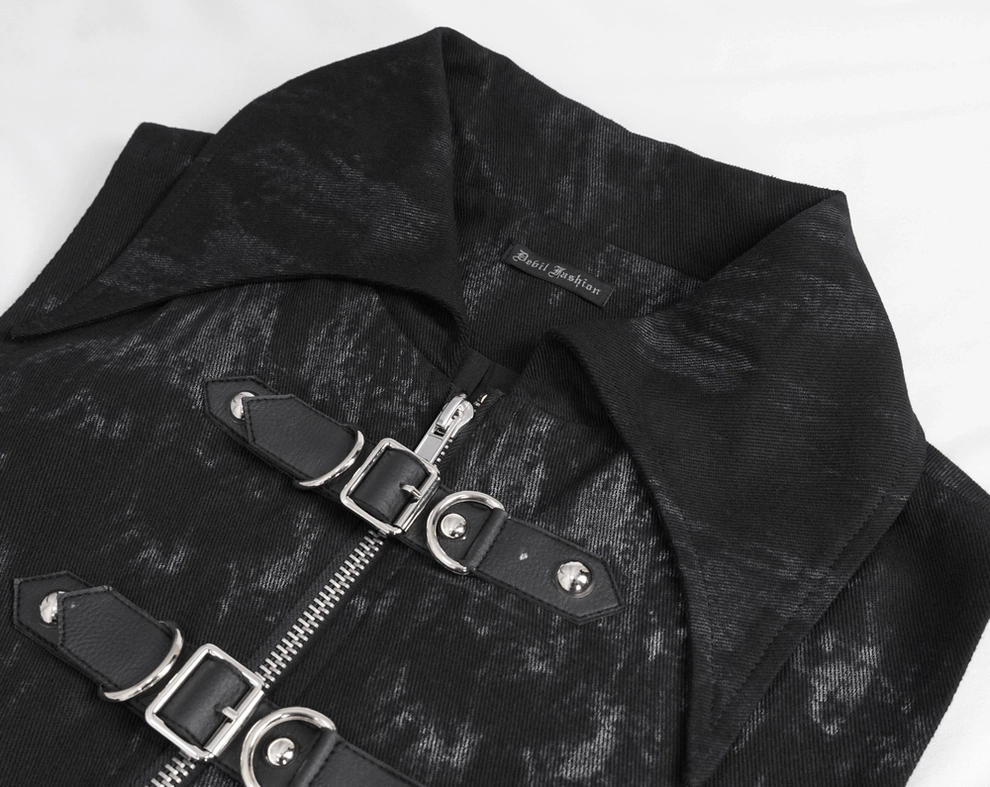 Black gothic waistcoat closure details close-up showing metal buckles, leather accents, branded collar tag, and metal zipper